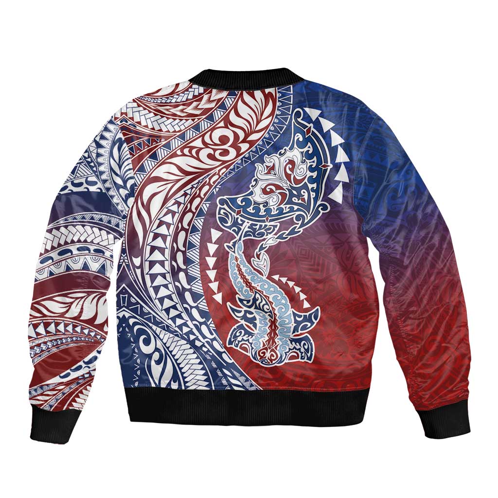 Hawaiian Manta Ray and Hammerhead Shark Tribal Tattoo Bomber Jacket with Polynesian Tribal Pattern Hawaii Flag Color