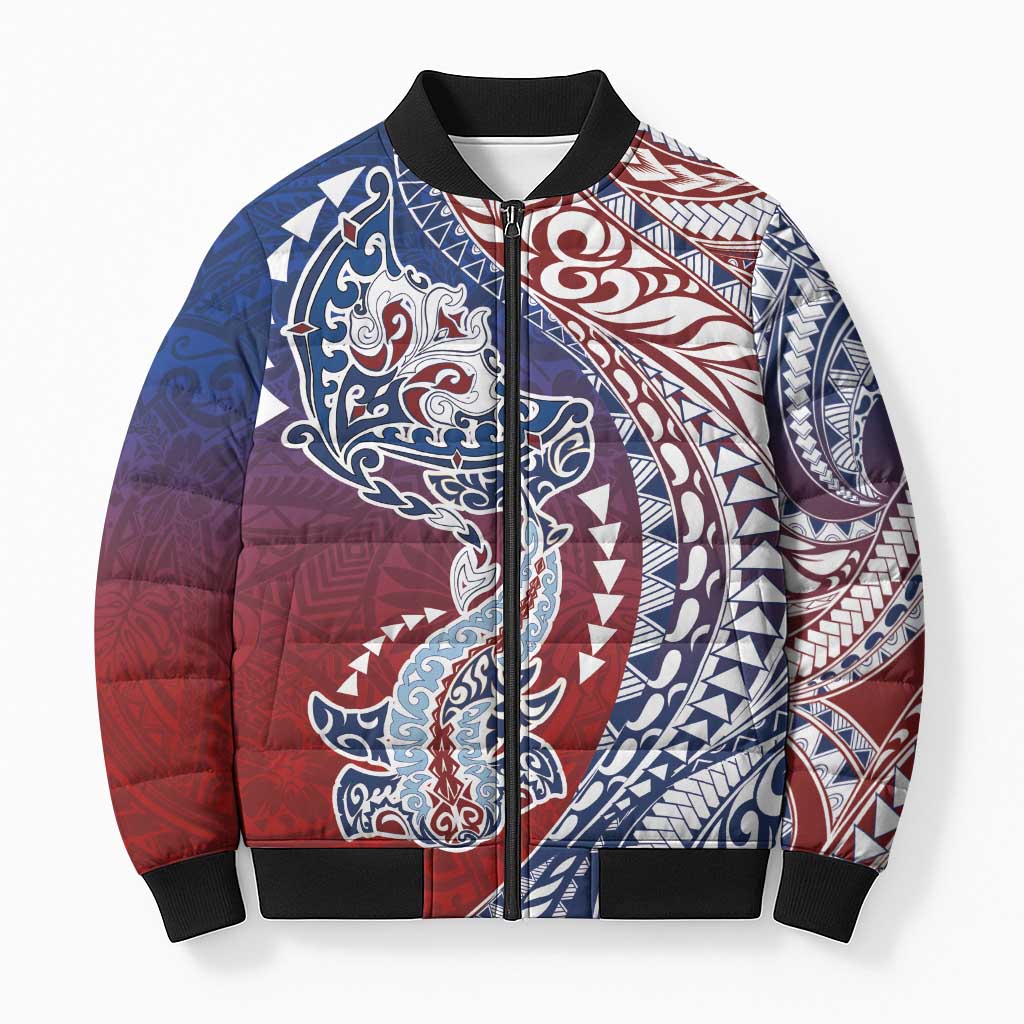 Hawaiian Manta Ray and Hammerhead Shark Tribal Tattoo Bomber Puffer Jacket with Polynesian Tribal Pattern Hawaii Flag Color