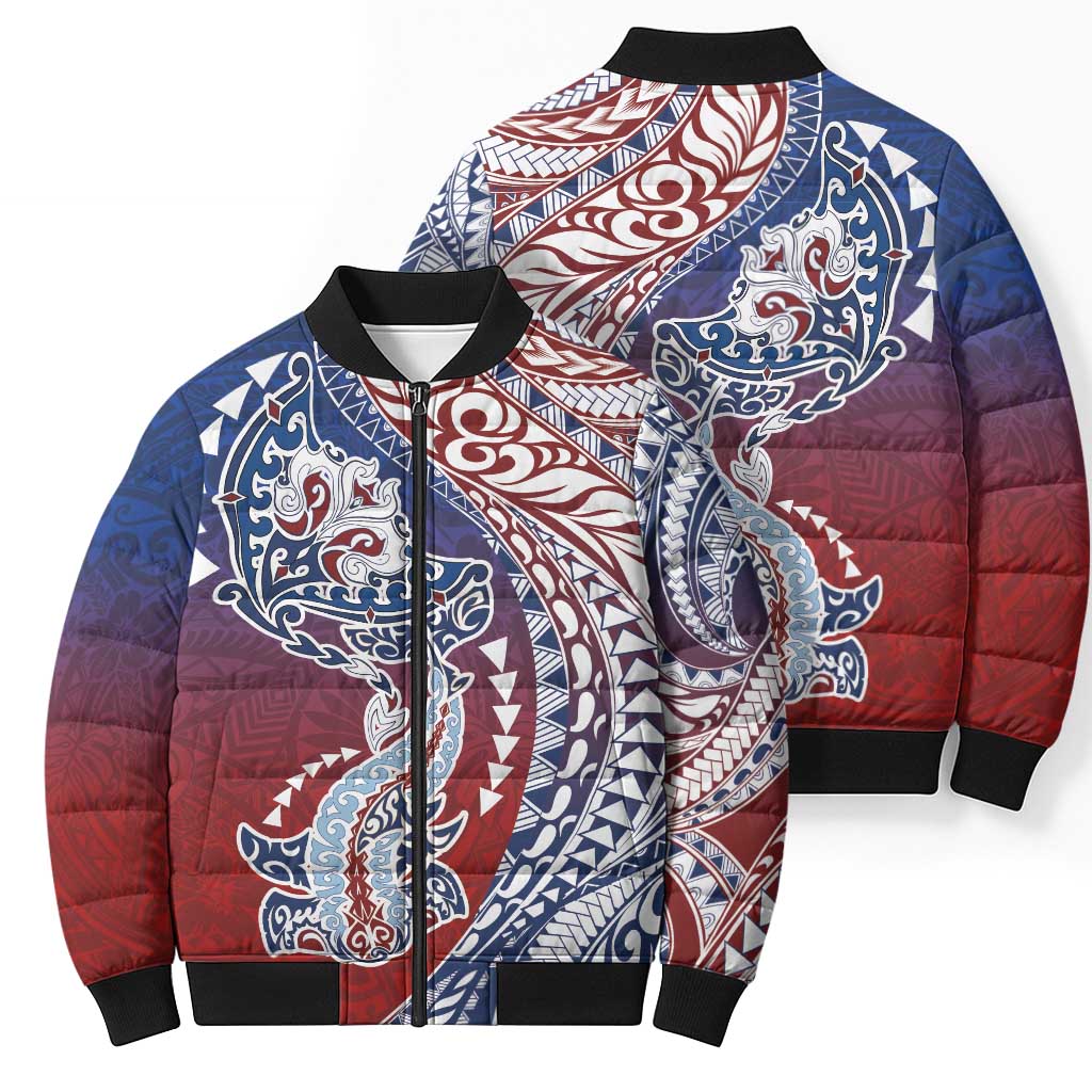 Hawaiian Manta Ray and Hammerhead Shark Tribal Tattoo Bomber Puffer Jacket with Polynesian Tribal Pattern Hawaii Flag Color