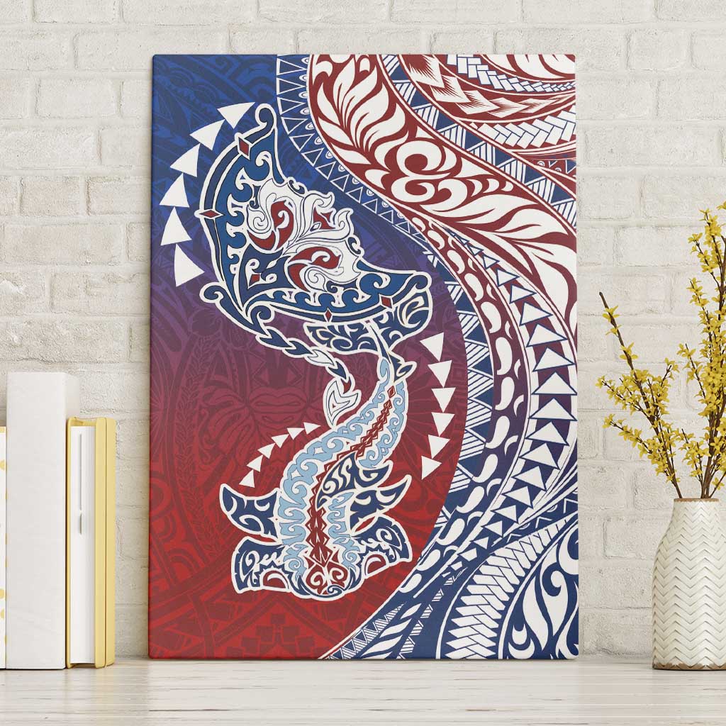 Hawaiian Manta Ray and Hammerhead Shark Tribal Tattoo Canvas Wall Art with Polynesian Tribal Pattern Hawaii Flag Color