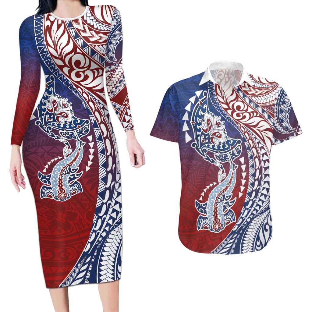 Hawaiian Manta Ray and Hammerhead Shark Tribal Tattoo Couples Matching Long Sleeve Bodycon Dress and Hawaiian Shirt with Polynesian Tribal Pattern Hawaii Flag Color