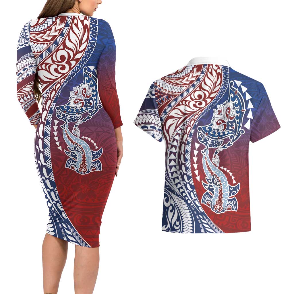 Hawaiian Manta Ray and Hammerhead Shark Tribal Tattoo Couples Matching Long Sleeve Bodycon Dress and Hawaiian Shirt with Polynesian Tribal Pattern Hawaii Flag Color LT03 - Polynesian Pride