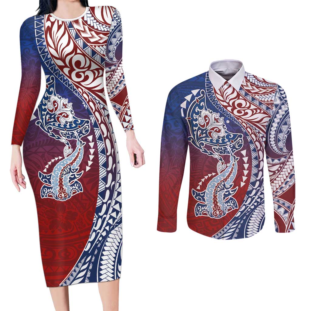 Hawaiian Manta Ray and Hammerhead Shark Tribal Tattoo Couples Matching Long Sleeve Bodycon Dress and Long Sleeve Button Shirt with Polynesian Tribal Pattern Hawaii Flag Color