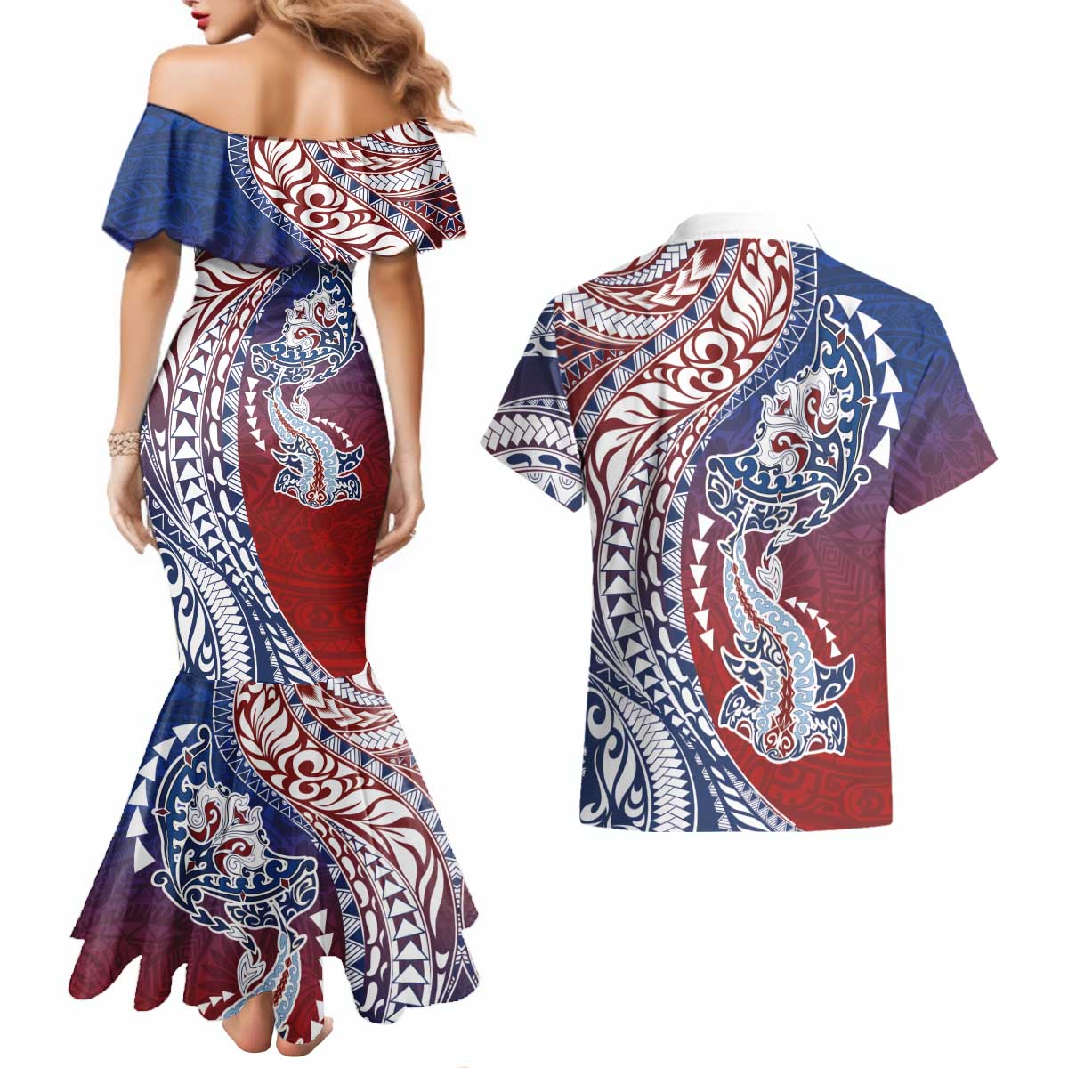 Hawaiian Manta Ray and Hammerhead Shark Tribal Tattoo Couples Matching Mermaid Dress and Hawaiian Shirt with Polynesian Tribal Pattern Hawaii Flag Color LT03 - Polynesian Pride