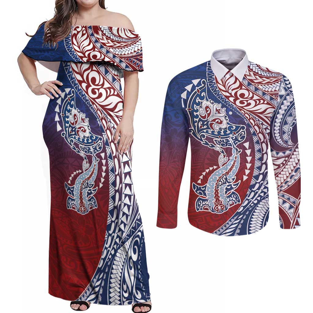 Hawaiian Manta Ray and Hammerhead Shark Tribal Tattoo Couples Matching Off Shoulder Maxi Dress and Long Sleeve Button Shirt with Polynesian Tribal Pattern Hawaii Flag Color LT03 Multicolor - Polynesian Pride