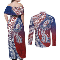 Hawaiian Manta Ray and Hammerhead Shark Tribal Tattoo Couples Matching Off Shoulder Maxi Dress and Long Sleeve Button Shirt with Polynesian Tribal Pattern Hawaii Flag Color LT03 - Polynesian Pride