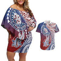 Hawaiian Manta Ray and Hammerhead Shark Tribal Tattoo Couples Matching Off Shoulder Short Dress and Hawaiian Shirt with Polynesian Tribal Pattern Hawaii Flag Color LT03 Multicolor - Polynesian Pride