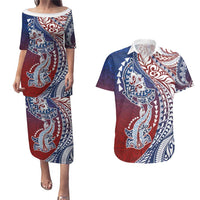 Hawaiian Manta Ray and Hammerhead Shark Tribal Tattoo Couples Matching Puletasi and Hawaiian Shirt with Polynesian Tribal Pattern Hawaii Flag Color LT03 Multicolor - Polynesian Pride