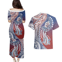 Hawaiian Manta Ray and Hammerhead Shark Tribal Tattoo Couples Matching Puletasi and Hawaiian Shirt with Polynesian Tribal Pattern Hawaii Flag Color LT03 - Polynesian Pride