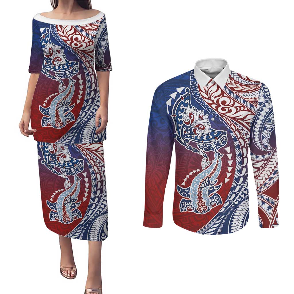 Hawaiian Manta Ray and Hammerhead Shark Tribal Tattoo Couples Matching Puletasi and Long Sleeve Button Shirt with Polynesian Tribal Pattern Hawaii Flag Color