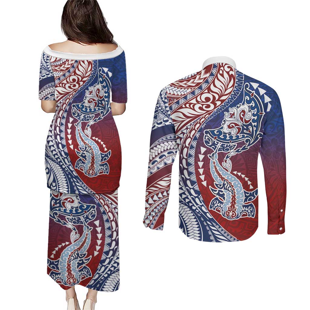 Hawaiian Manta Ray and Hammerhead Shark Tribal Tattoo Couples Matching Puletasi and Long Sleeve Button Shirt with Polynesian Tribal Pattern Hawaii Flag Color LT03 - Polynesian Pride