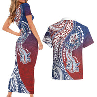 Hawaiian Manta Ray and Hammerhead Shark Tribal Tattoo Couples Matching Short Sleeve Bodycon Dress and Hawaiian Shirt with Polynesian Tribal Pattern Hawaii Flag Color LT03 - Polynesian Pride