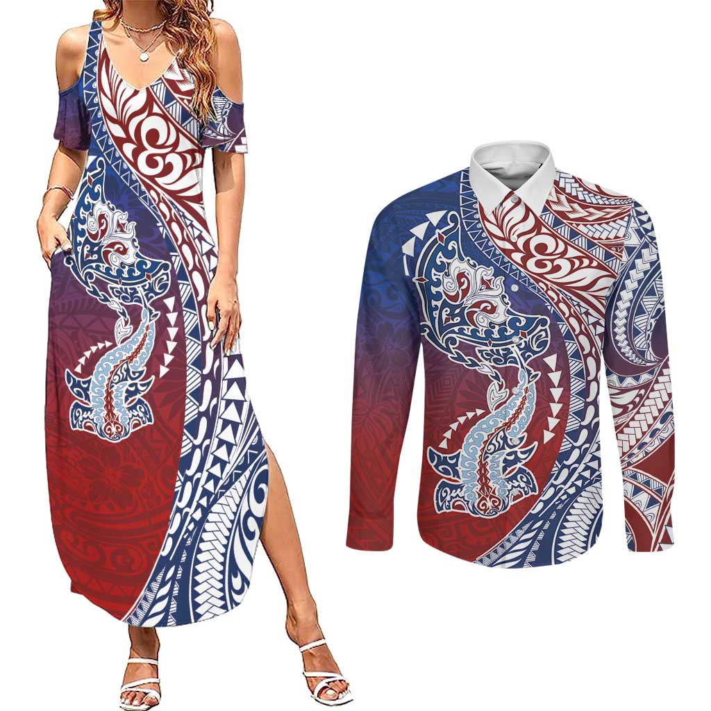 Hawaiian Manta Ray and Hammerhead Shark Tribal Tattoo Couples Matching Summer Maxi Dress and Long Sleeve Button Shirt with Polynesian Tribal Pattern Hawaii Flag Color LT03 Multicolor - Polynesian Pride