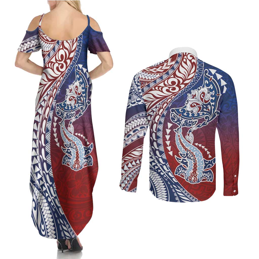 Hawaiian Manta Ray and Hammerhead Shark Tribal Tattoo Couples Matching Summer Maxi Dress and Long Sleeve Button Shirt with Polynesian Tribal Pattern Hawaii Flag Color LT03 - Polynesian Pride
