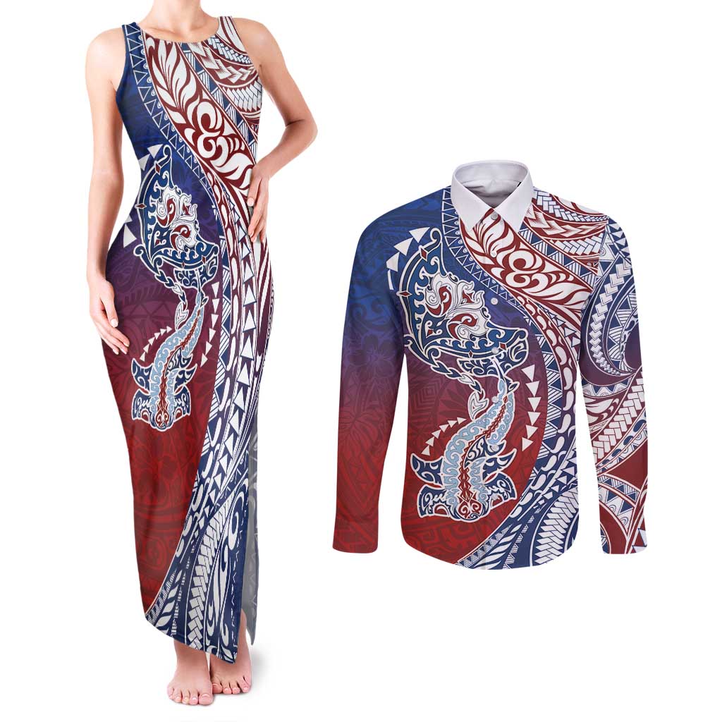 Hawaiian Manta Ray and Hammerhead Shark Tribal Tattoo Couples Matching Tank Maxi Dress and Long Sleeve Button Shirt with Polynesian Tribal Pattern Hawaii Flag Color