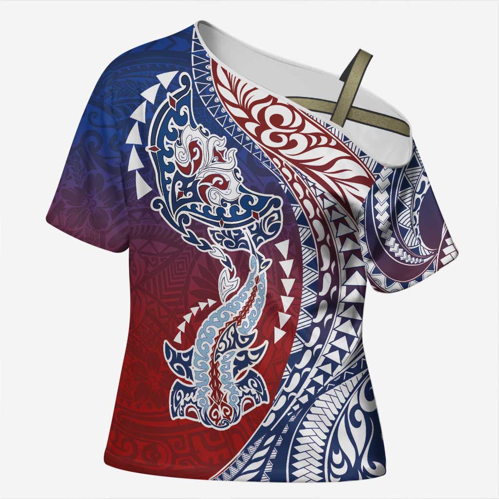 Hawaiian Manta Ray and Hammerhead Shark Tribal Tattoo Cross Shoulder Shirt with Polynesian Tribal Pattern Hawaii Flag Color