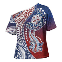 Hawaiian Manta Ray and Hammerhead Shark Tribal Tattoo Cross Shoulder Shirt with Polynesian Tribal Pattern Hawaii Flag Color