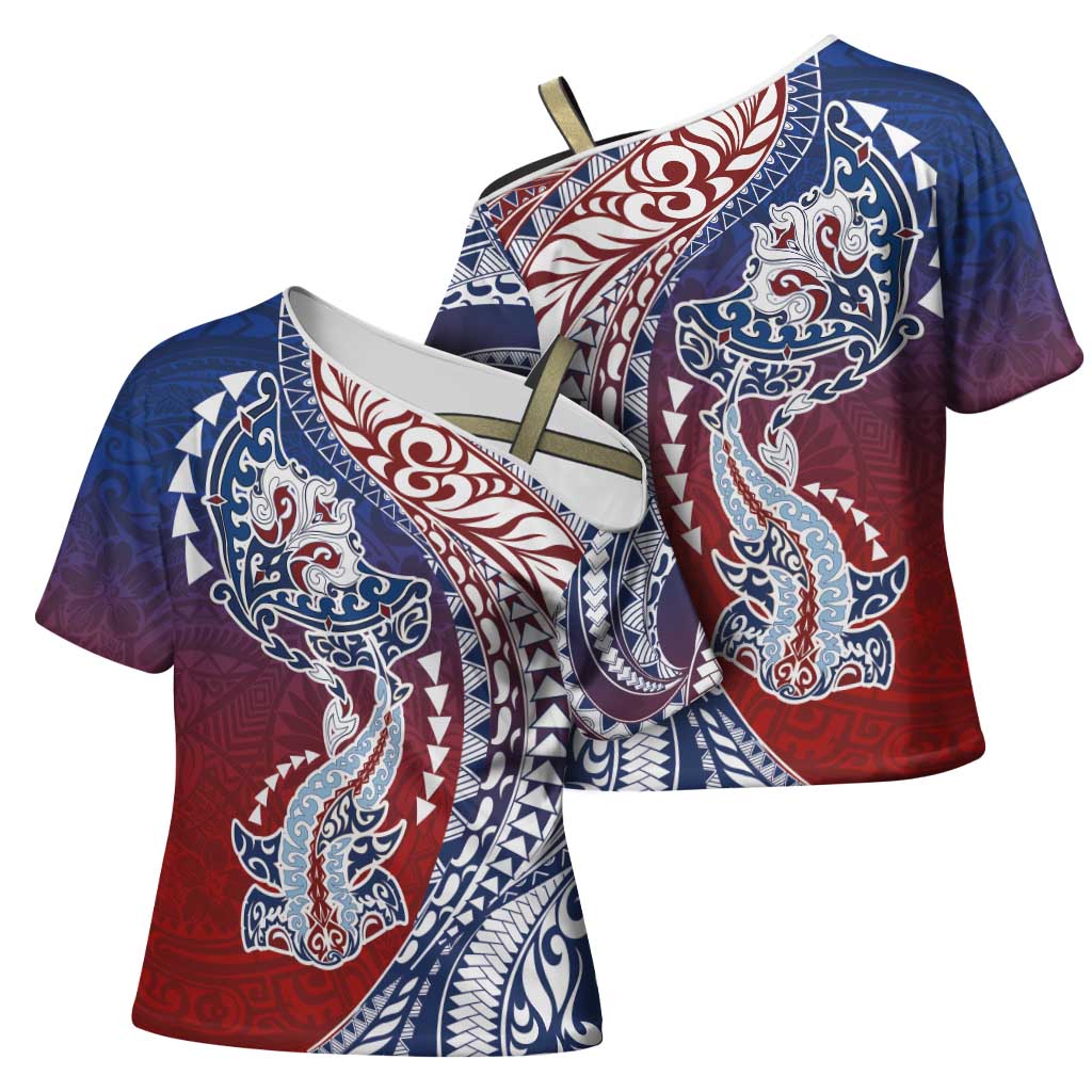 Hawaiian Manta Ray and Hammerhead Shark Tribal Tattoo Cross Shoulder Shirt with Polynesian Tribal Pattern Hawaii Flag Color
