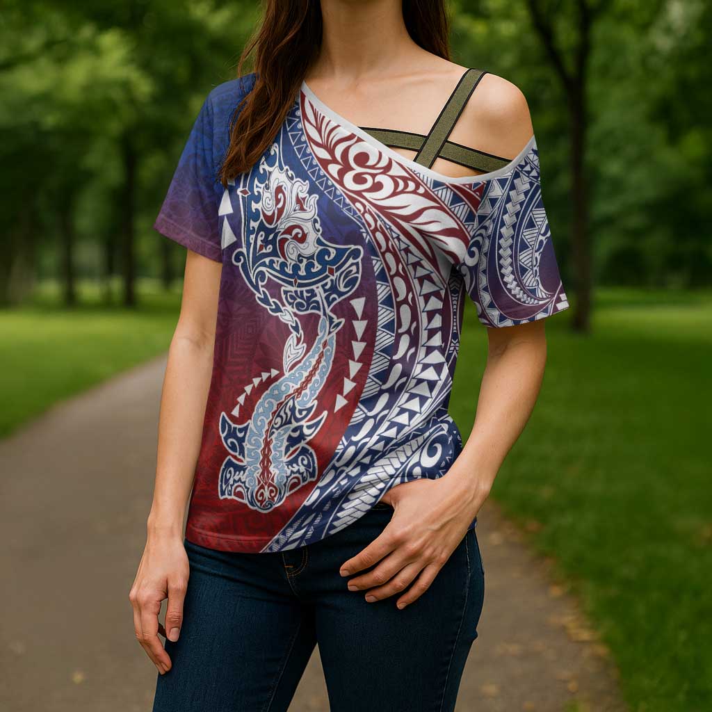 Hawaiian Manta Ray and Hammerhead Shark Tribal Tattoo Cross Shoulder Shirt with Polynesian Tribal Pattern Hawaii Flag Color