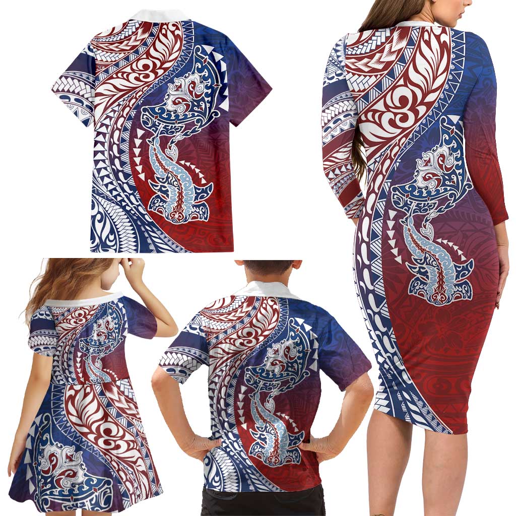 Hawaiian Manta Ray and Hammerhead Shark Tribal Tattoo Family Matching Long Sleeve Bodycon Dress and Hawaiian Shirt with Polynesian Tribal Pattern Hawaii Flag Color LT03 - Polynesian Pride