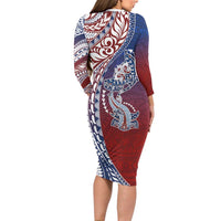 Hawaiian Manta Ray and Hammerhead Shark Tribal Tattoo Family Matching Long Sleeve Bodycon Dress and Hawaiian Shirt with Polynesian Tribal Pattern Hawaii Flag Color LT03 - Polynesian Pride