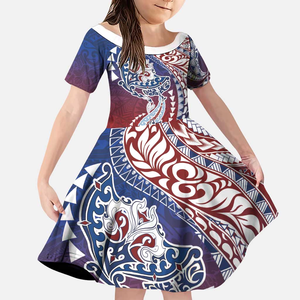 Hawaiian Manta Ray and Hammerhead Shark Tribal Tattoo Family Matching Off The Shoulder Long Sleeve Dress and Hawaiian Shirt with Polynesian Tribal Pattern Hawaii Flag Color LT03 Daughter's Dress Multicolor - Polynesian Pride
