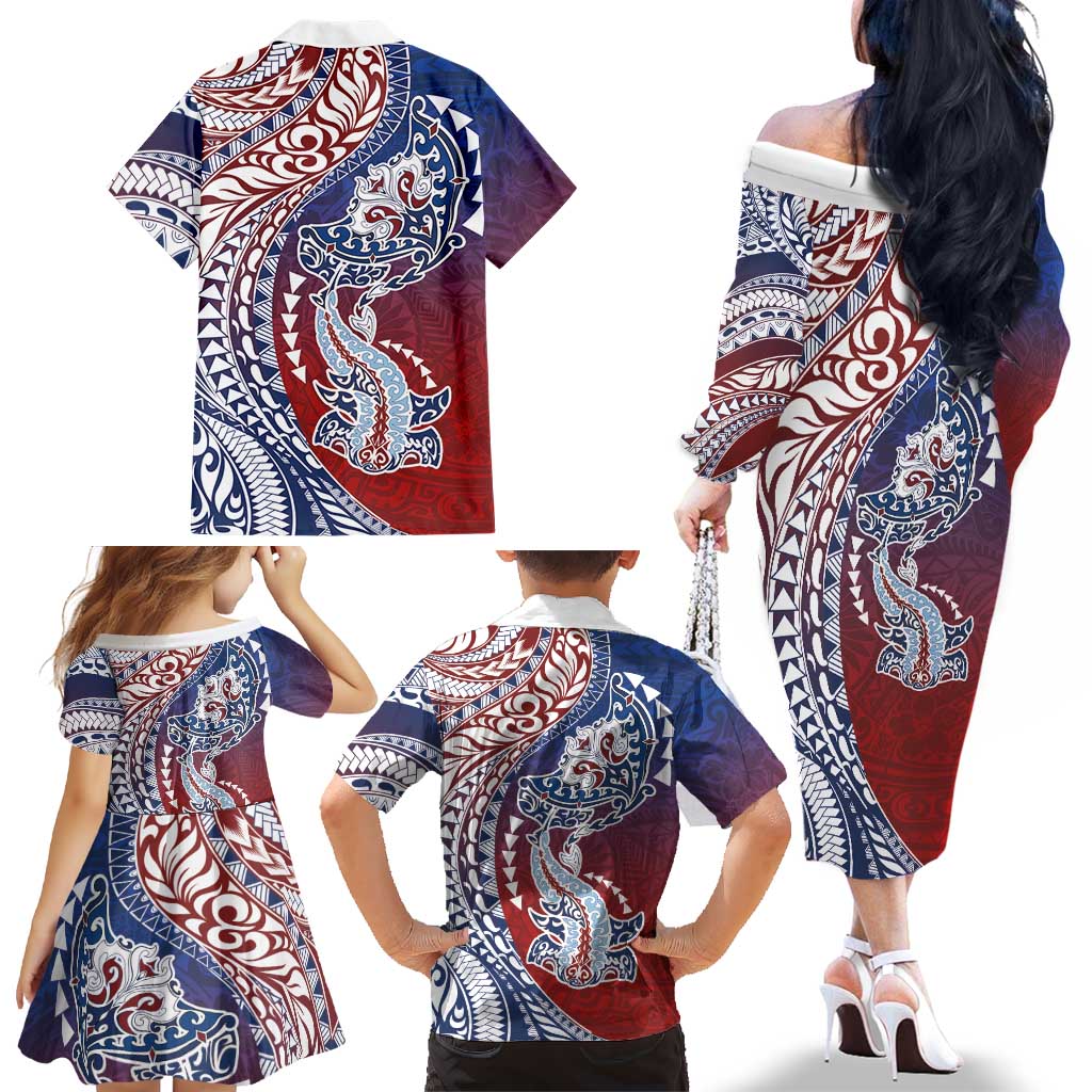 Hawaiian Manta Ray and Hammerhead Shark Tribal Tattoo Family Matching Off The Shoulder Long Sleeve Dress and Hawaiian Shirt with Polynesian Tribal Pattern Hawaii Flag Color LT03 - Polynesian Pride