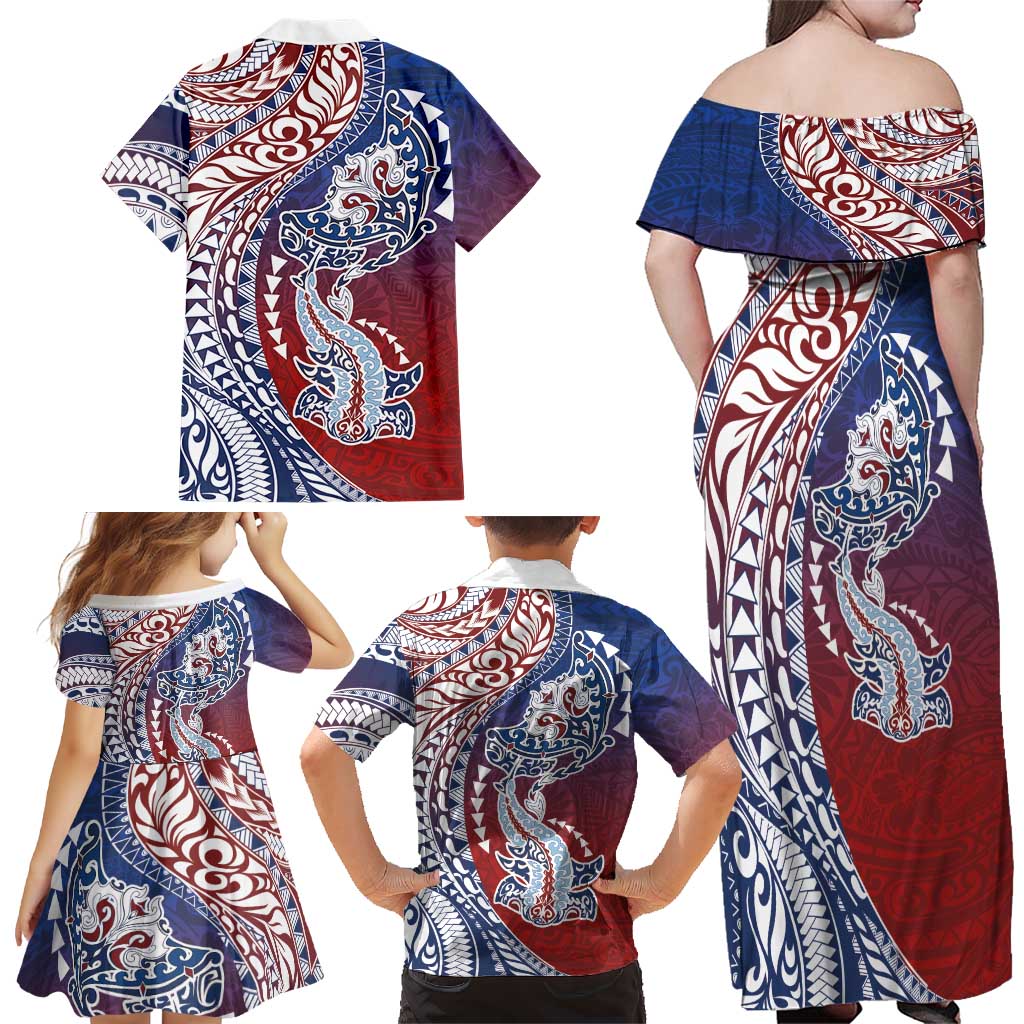 Hawaiian Manta Ray and Hammerhead Shark Tribal Tattoo Family Matching Off Shoulder Maxi Dress and Hawaiian Shirt with Polynesian Tribal Pattern Hawaii Flag Color LT03 - Polynesian Pride