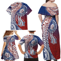 Hawaiian Manta Ray and Hammerhead Shark Tribal Tattoo Family Matching Off Shoulder Maxi Dress and Hawaiian Shirt with Polynesian Tribal Pattern Hawaii Flag Color LT03 - Polynesian Pride