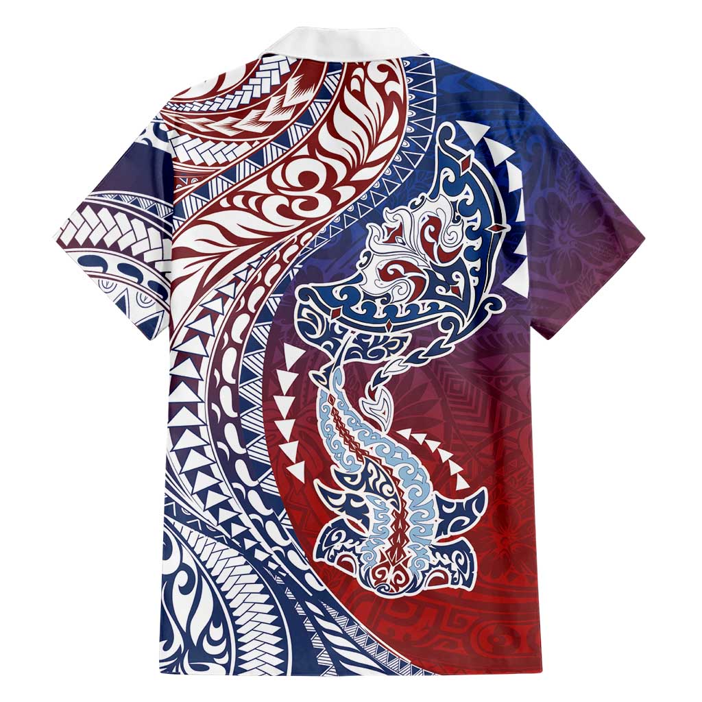 Hawaiian Manta Ray and Hammerhead Shark Tribal Tattoo Family Matching Off Shoulder Maxi Dress and Hawaiian Shirt with Polynesian Tribal Pattern Hawaii Flag Color LT03 - Polynesian Pride
