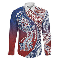 Hawaiian Manta Ray and Hammerhead Shark Tribal Tattoo Family Matching Off Shoulder Maxi Dress and Hawaiian Shirt with Polynesian Tribal Pattern Hawaii Flag Color LT03 Dad's Shirt - Long Sleeve Multicolor - Polynesian Pride