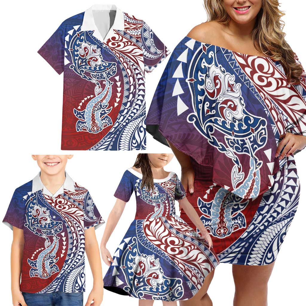 Hawaiian Manta Ray and Hammerhead Shark Tribal Tattoo Family Matching Off Shoulder Short Dress and Hawaiian Shirt with Polynesian Tribal Pattern Hawaii Flag Color LT03 - Polynesian Pride