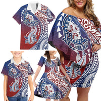 Hawaiian Manta Ray and Hammerhead Shark Tribal Tattoo Family Matching Off Shoulder Short Dress and Hawaiian Shirt with Polynesian Tribal Pattern Hawaii Flag Color LT03 - Polynesian Pride