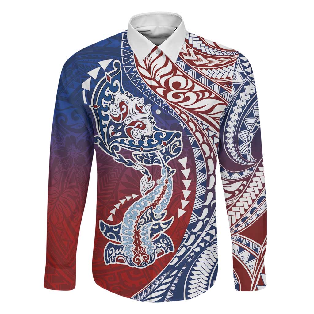 Hawaiian Manta Ray and Hammerhead Shark Tribal Tattoo Family Matching Off Shoulder Short Dress and Hawaiian Shirt with Polynesian Tribal Pattern Hawaii Flag Color LT03 Dad's Shirt - Long Sleeve Multicolor - Polynesian Pride