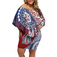 Hawaiian Manta Ray and Hammerhead Shark Tribal Tattoo Family Matching Off Shoulder Short Dress and Hawaiian Shirt with Polynesian Tribal Pattern Hawaii Flag Color LT03 Mom's Dress Multicolor - Polynesian Pride
