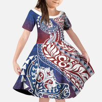 Hawaiian Manta Ray and Hammerhead Shark Tribal Tattoo Family Matching Puletasi and Hawaiian Shirt with Polynesian Tribal Pattern Hawaii Flag Color LT03 Daughter's Dress Multicolor - Polynesian Pride