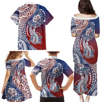 Hawaiian Manta Ray and Hammerhead Shark Tribal Tattoo Family Matching Puletasi and Hawaiian Shirt with Polynesian Tribal Pattern Hawaii Flag Color LT03 - Polynesian Pride