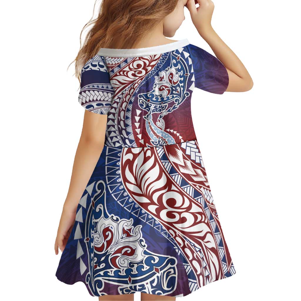 Hawaiian Manta Ray and Hammerhead Shark Tribal Tattoo Family Matching Short Sleeve Bodycon Dress and Hawaiian Shirt with Polynesian Tribal Pattern Hawaii Flag Color LT03 - Polynesian Pride