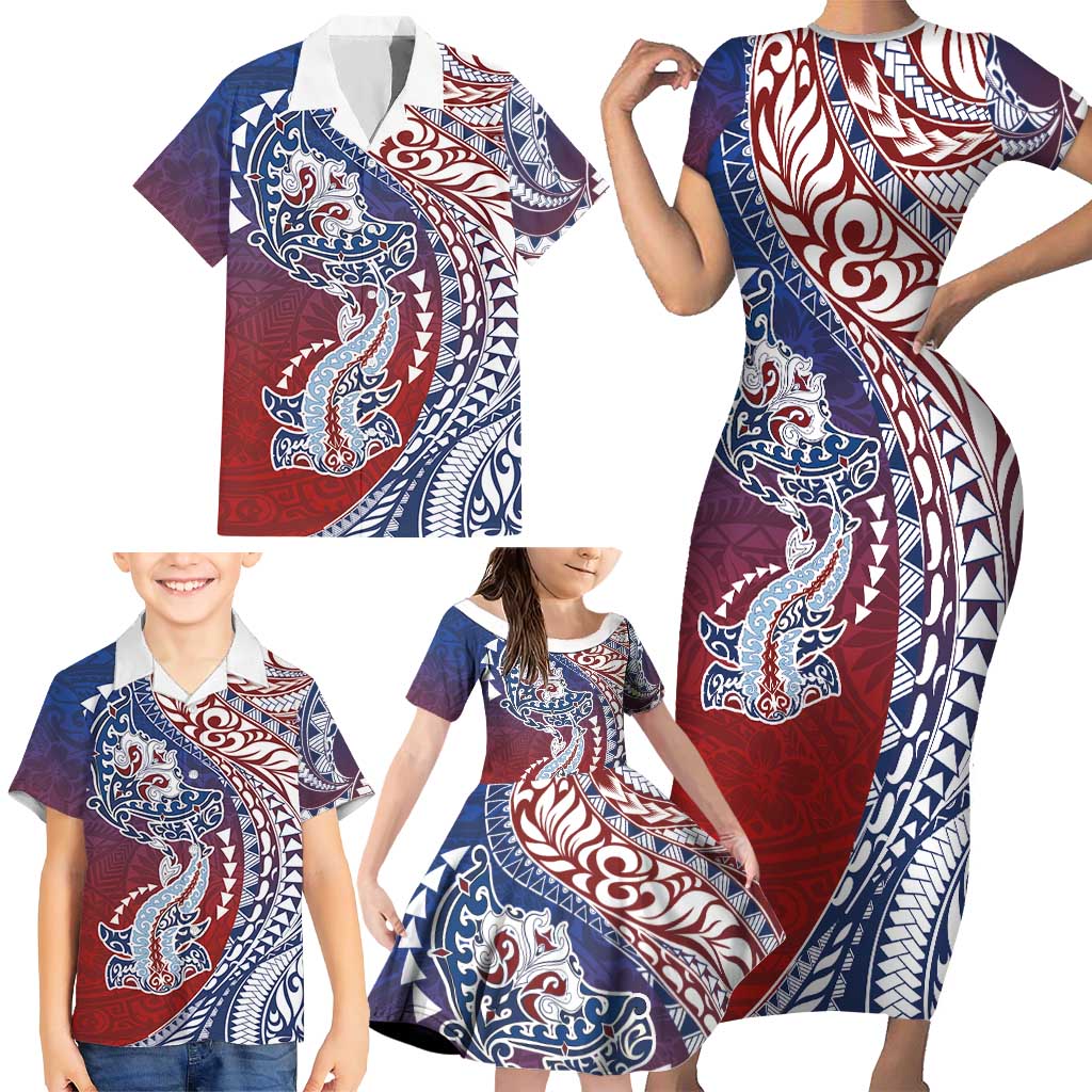 Hawaiian Manta Ray and Hammerhead Shark Tribal Tattoo Family Matching Short Sleeve Bodycon Dress and Hawaiian Shirt with Polynesian Tribal Pattern Hawaii Flag Color LT03 - Polynesian Pride
