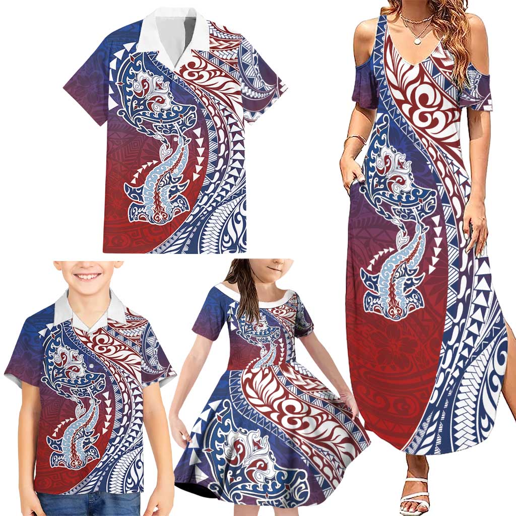 Hawaiian Manta Ray and Hammerhead Shark Tribal Tattoo Family Matching Summer Maxi Dress and Hawaiian Shirt with Polynesian Tribal Pattern Hawaii Flag Color LT03 - Polynesian Pride