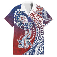 Hawaiian Manta Ray and Hammerhead Shark Tribal Tattoo Family Matching Summer Maxi Dress and Hawaiian Shirt with Polynesian Tribal Pattern Hawaii Flag Color LT03 Dad's Shirt - Short Sleeve Multicolor - Polynesian Pride