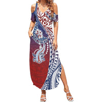 Hawaiian Manta Ray and Hammerhead Shark Tribal Tattoo Family Matching Summer Maxi Dress and Hawaiian Shirt with Polynesian Tribal Pattern Hawaii Flag Color LT03 Mom's Dress Multicolor - Polynesian Pride