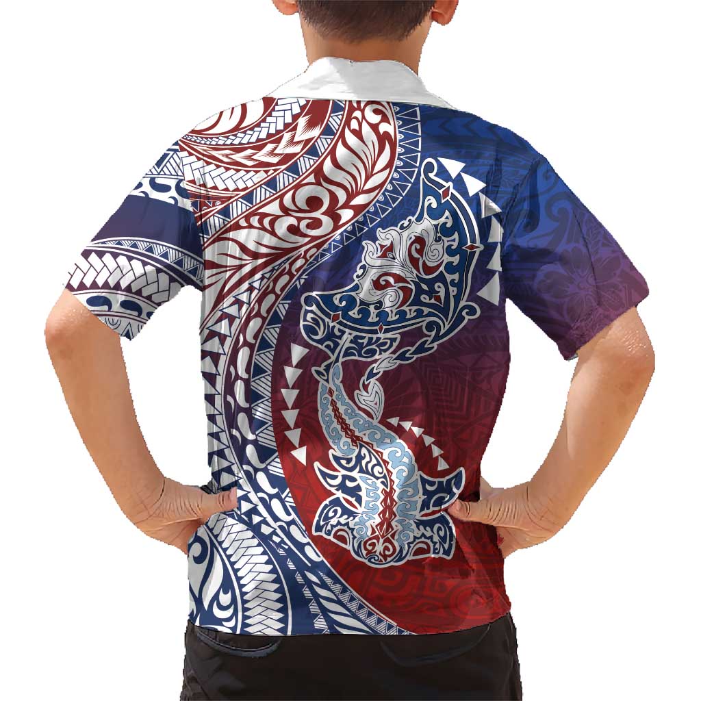 Hawaiian Manta Ray and Hammerhead Shark Tribal Tattoo Family Matching Tank Maxi Dress and Hawaiian Shirt with Polynesian Tribal Pattern Hawaii Flag Color LT03 - Polynesian Pride