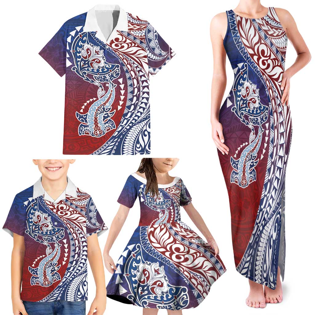 Hawaiian Manta Ray and Hammerhead Shark Tribal Tattoo Family Matching Tank Maxi Dress and Hawaiian Shirt with Polynesian Tribal Pattern Hawaii Flag Color LT03 - Polynesian Pride