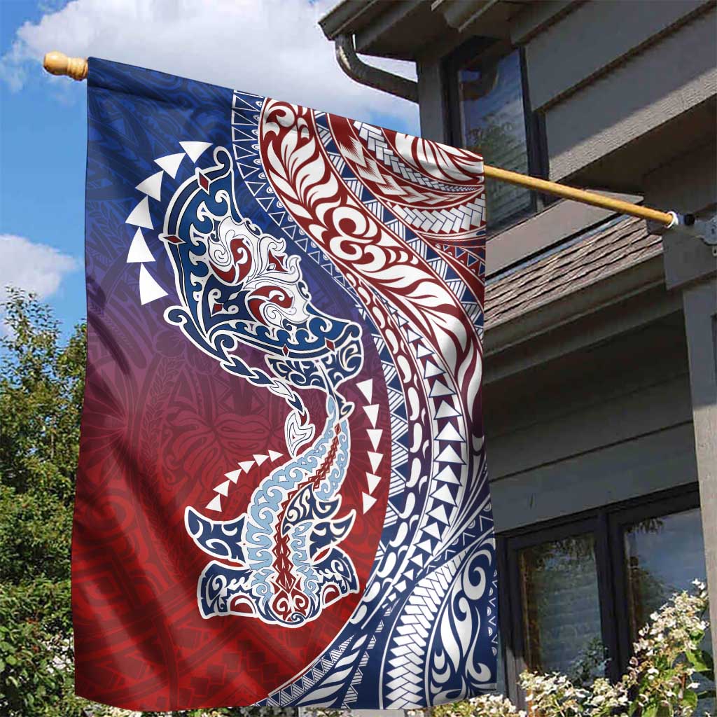 Hawaiian Manta Ray and Hammerhead Shark Tribal Tattoo Garden Flag with Polynesian Tribal Pattern Hawaii Flag Color