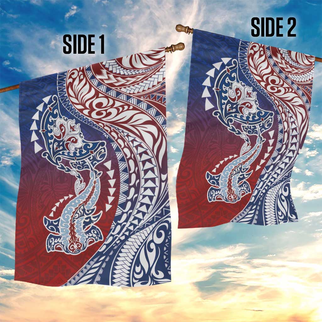 Hawaiian Manta Ray and Hammerhead Shark Tribal Tattoo Garden Flag with Polynesian Tribal Pattern Hawaii Flag Color