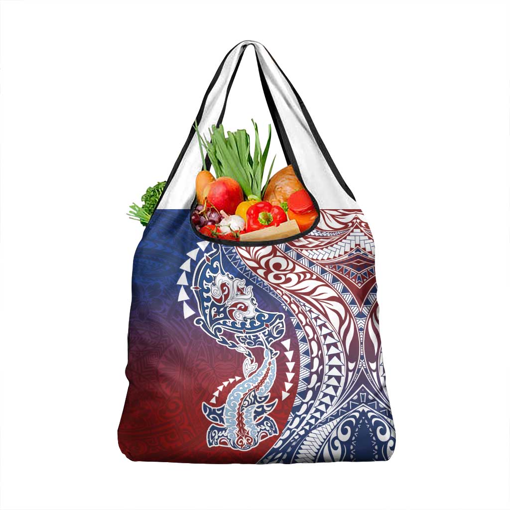 Hawaiian Manta Ray and Hammerhead Shark Tribal Tattoo Grocery Bag with Polynesian Tribal Pattern Hawaii Flag Color