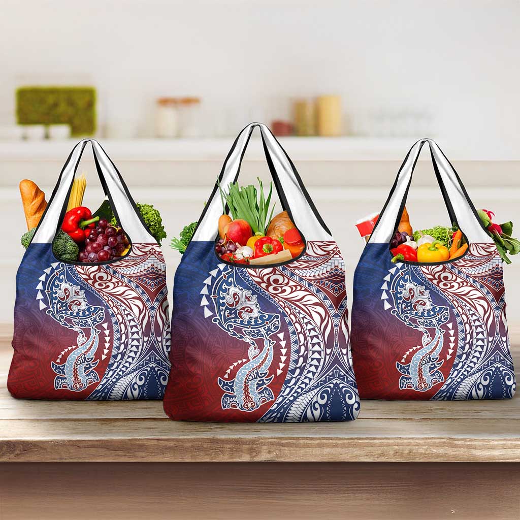 Hawaiian Manta Ray and Hammerhead Shark Tribal Tattoo Grocery Bag with Polynesian Tribal Pattern Hawaii Flag Color