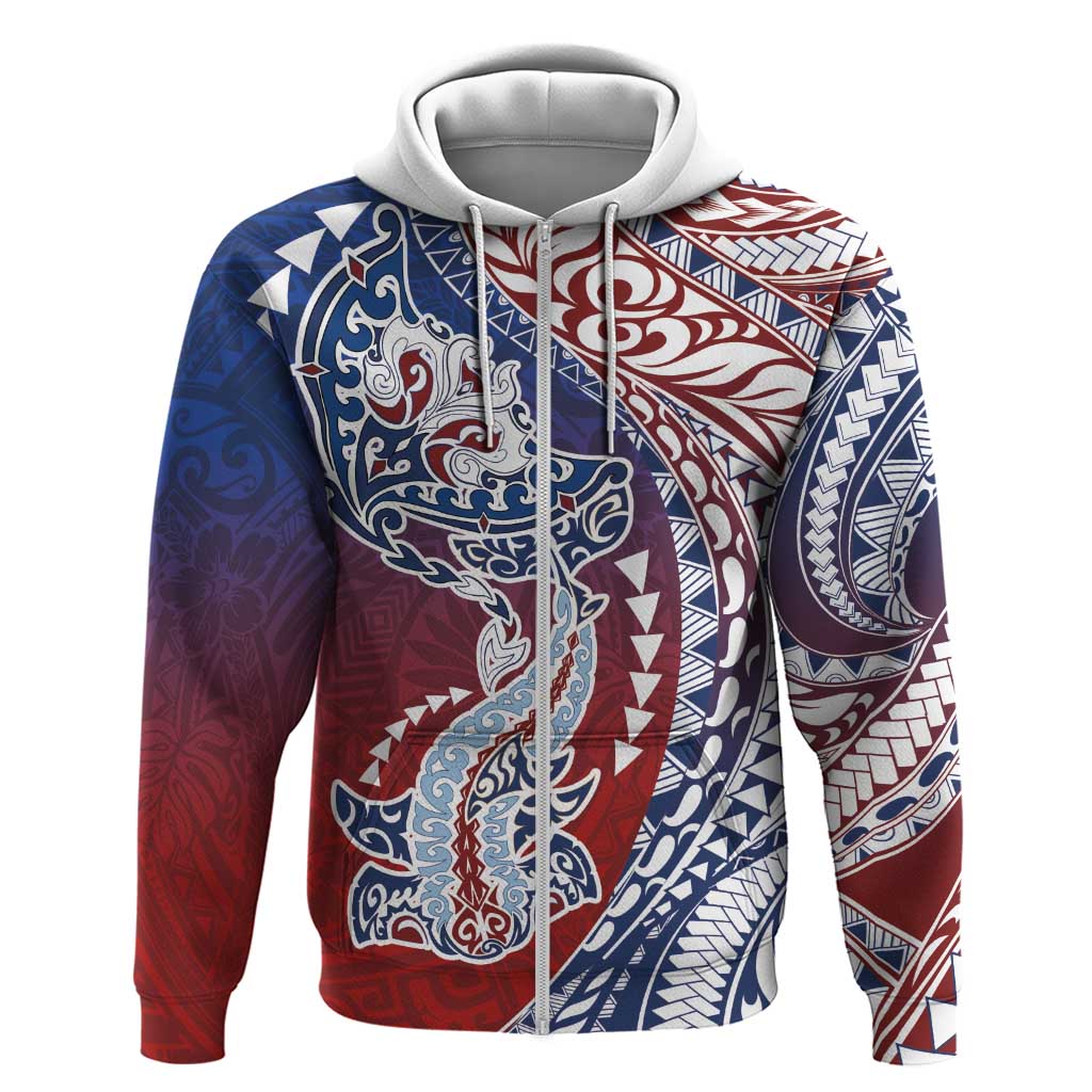 Hawaiian Manta Ray and Hammerhead Shark Tribal Tattoo Hoodie with Polynesian Tribal Pattern Hawaii Flag Color