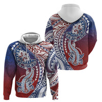 Hawaiian Manta Ray and Hammerhead Shark Tribal Tattoo Hoodie with Polynesian Tribal Pattern Hawaii Flag Color